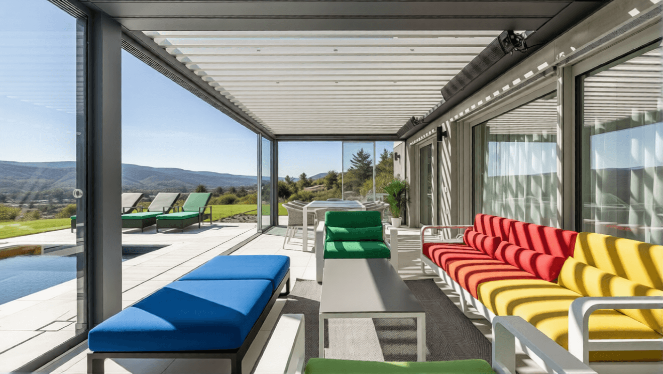 Сочетание панорамного остекления с биоклиматическими перголами